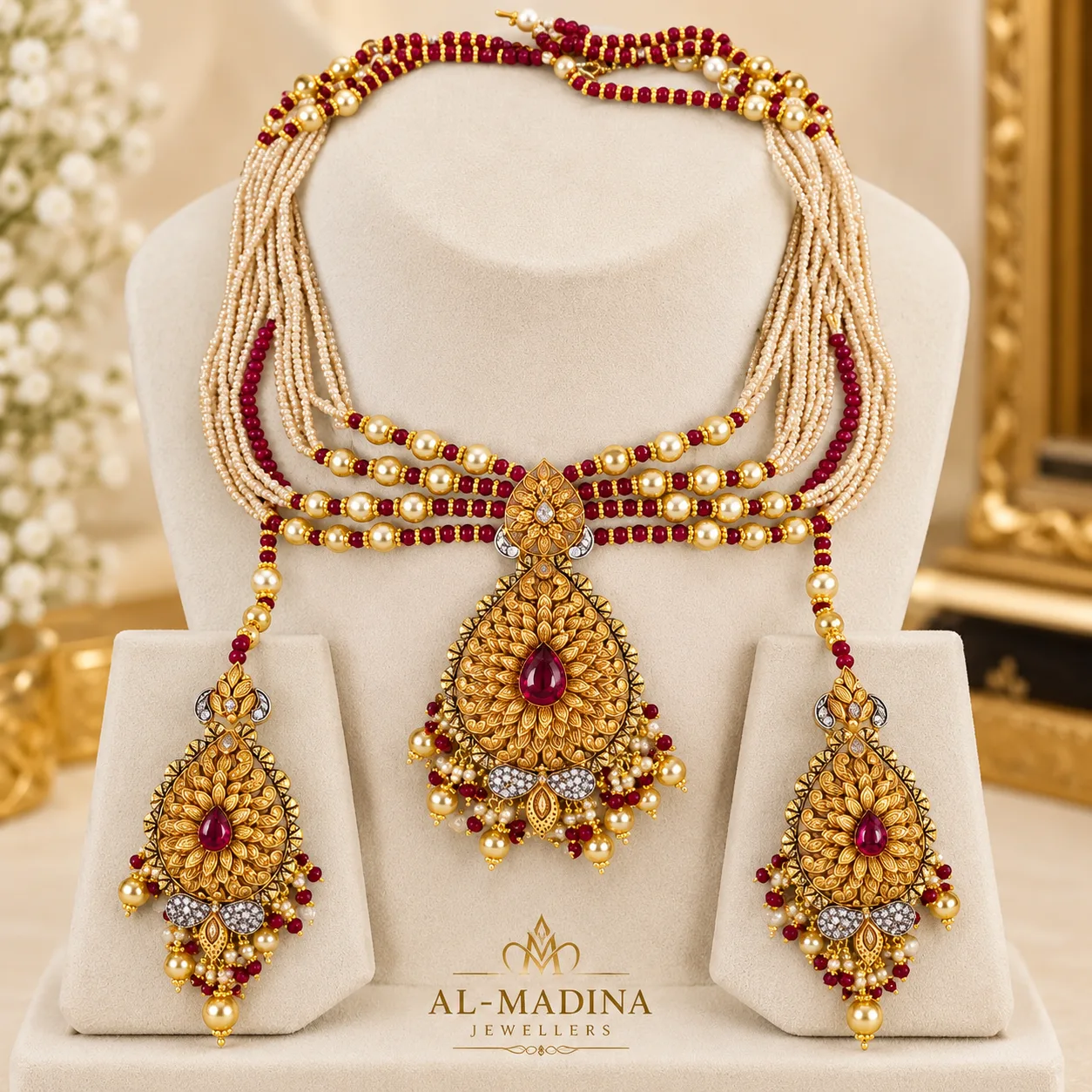 Royal Maroon Ruby Pearl Gold Set